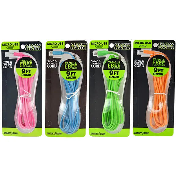 Charging Cable Glow in The Dark Flat USB to Micro USB 9FT - 12 Pieces Per Retail Ready Display 21068 GADGET GEAR