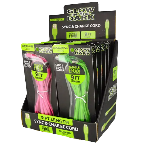 Charging Cable Glow in The Dark Flat USB to Micro USB 9FT - 12 Pieces Per Retail Ready Display 21068 GADGET GEAR
