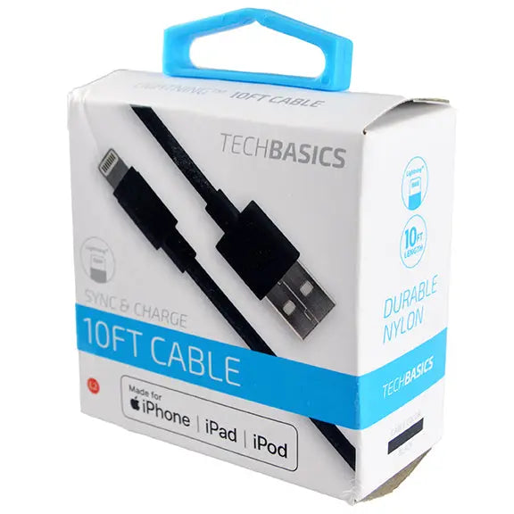 Charging Cable Tech Basics USB to Lightning 10FT- 5 Pieces Per Pack 26230 NOVELTY INC
