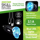 Car Charger Dual Port USB / USB-C LED Skull 3.1 Amp- 6 Pieces Per Retail Ready Display 24001