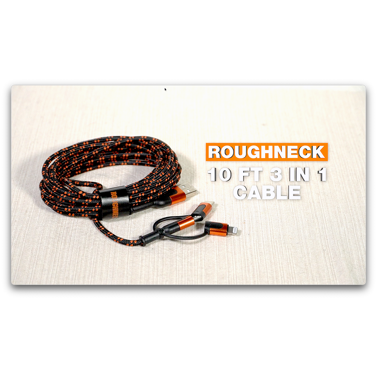 Charging Cable USB 3 in 1 Multi-Head USB-C / Micro USB / Lightning 10FT - 3 Pieces Per Pack 24561 ROUGHNECK