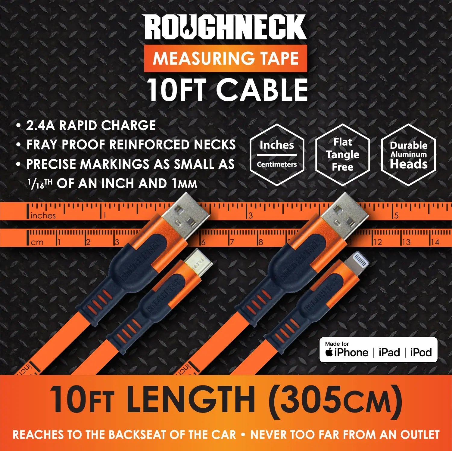 Charging Cable Flat Tape Measure Assortment 10FT 2.4 Amp - 6 Pieces Per Retail Ready Display  25090 ROUGHNECK