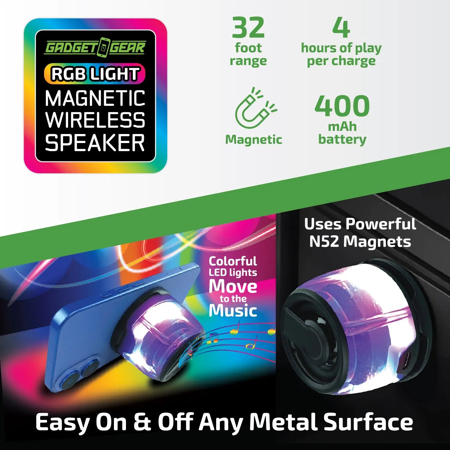 Magnetic Wireless Speaker Stand with LED Lights - 6 Pieces Per Retail Ready Display 25684 GADGET GEAR