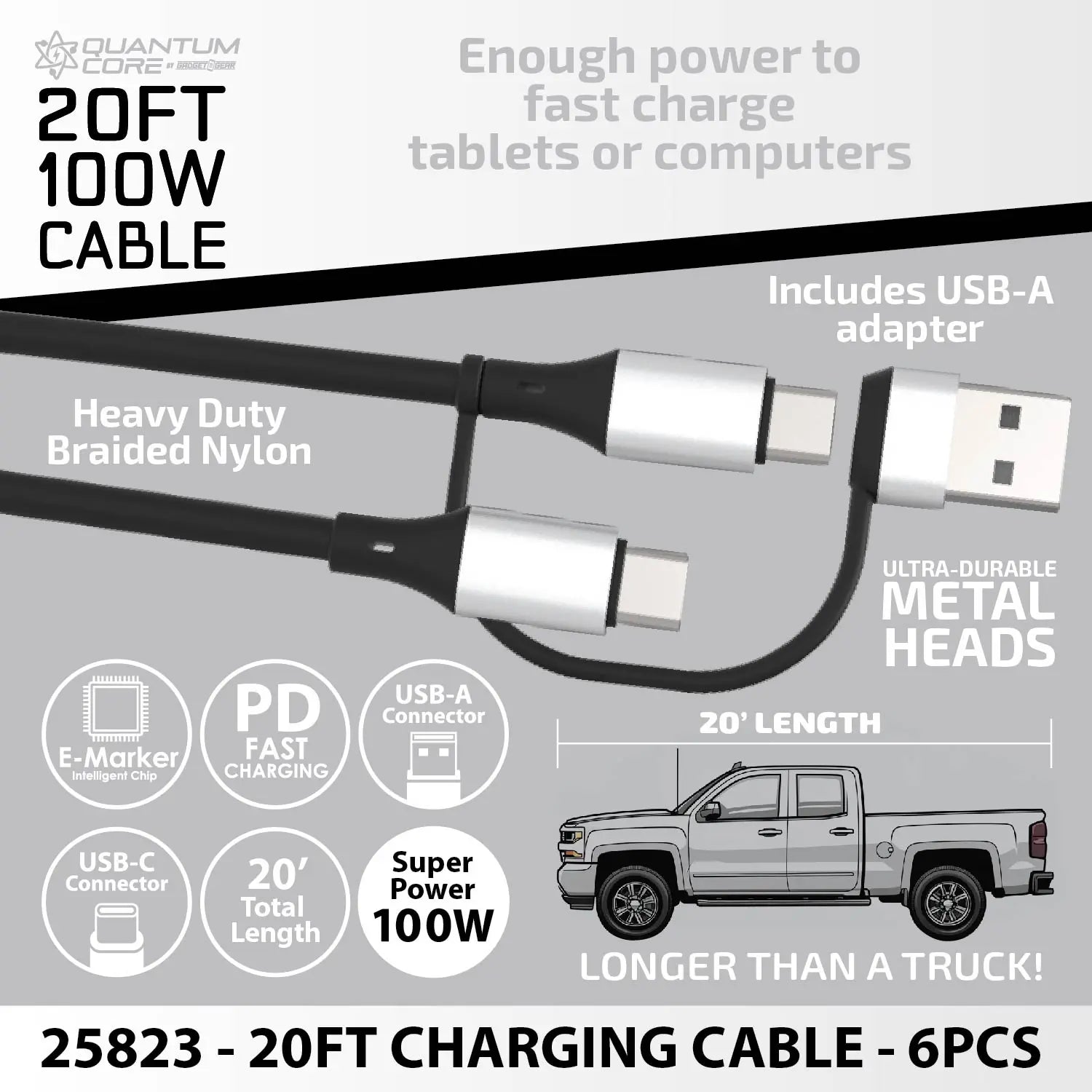 Charging Cable Quick Switch 2 in 1 Multi-Head USB to USB-C 20FT 100W - 6 Pieces Per Retail Ready Display 25823 GADGET GEAR