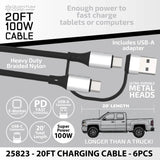 Charging Cable Quick Switch 2 in 1 Multi-Head USB to USB-C 20FT 100W - 6 Pieces Per Retail Ready Display 25823 GADGET GEAR