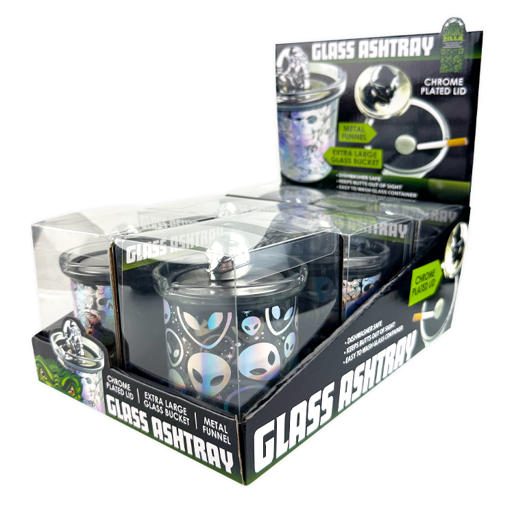 Glass Ashtray with Chrome Lid - 6 Pieces Per Retail Ready Display 25945 SMOKEZILLA