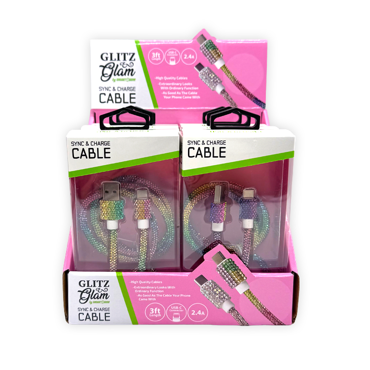 Glitz N Glam 3FT 2.4Amp Type-C Sync & Charge Cable - 6 Pieces Per Retail Ready Display 25948 GADGET GEAR