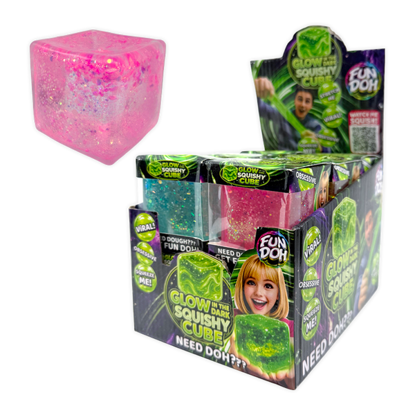 Fun Doh Glow-in-the-Dark Squish and Squeeze Slow-Release Fun Cube Toy - 12 Pieces Per Retail Ready Display 26847