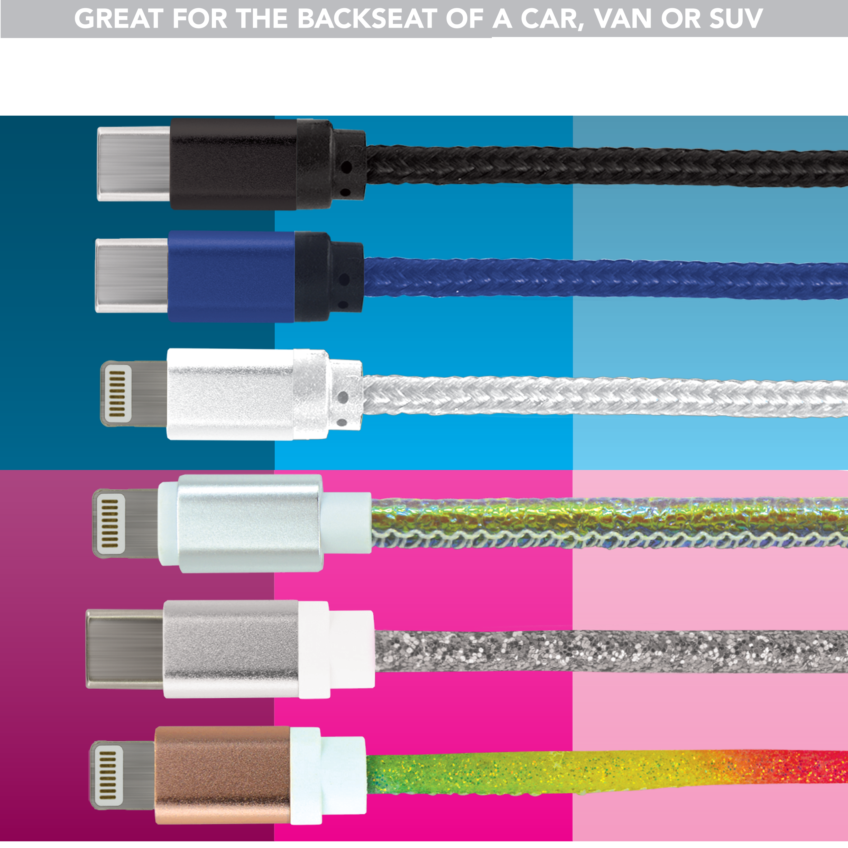 10FT Braided Sync and Charge Cable Assortment Wing Rack Display - 38 Pieces Per Retail Ready Display Kit 88336 GADGET GEAR