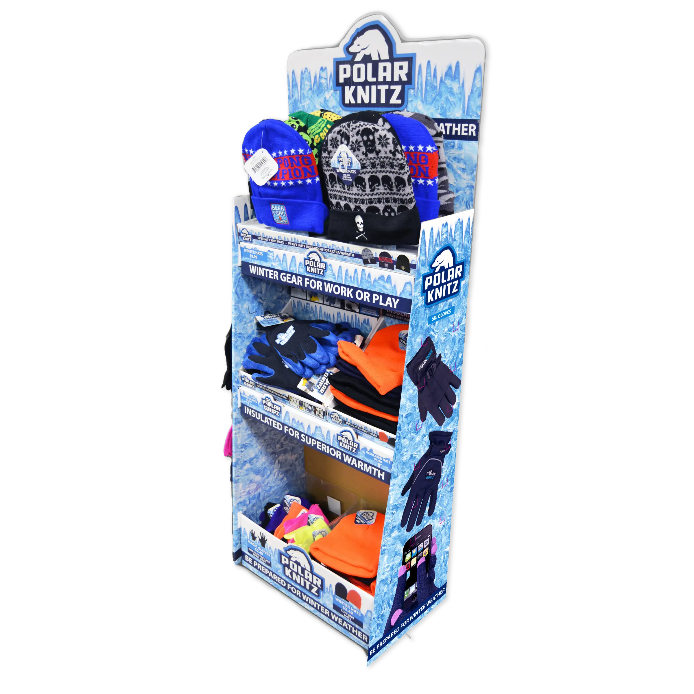 Winter Knit Hat Beanie and Glove Assortment Floor Display - 72 Pieces Per Retail Ready Display 88367 POLAR GEAR