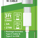 Charging Cable USB-C to USB-C with USB Adapter 3FT 3 Amp - 6 Pieces Per Retail Ready Display 24835