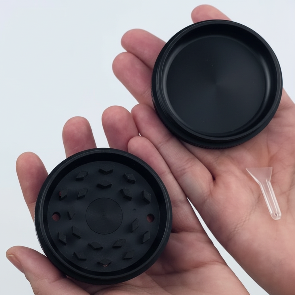 Black grinder with mesh screen and components