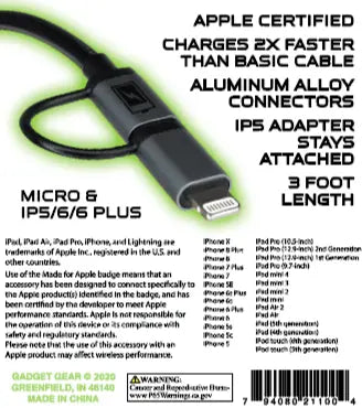 Charging Cable Elite Multi-Head USB to Micro USB / Lightning 3FT - 3 Pieces Per Pack 21100 GADGET GEAR