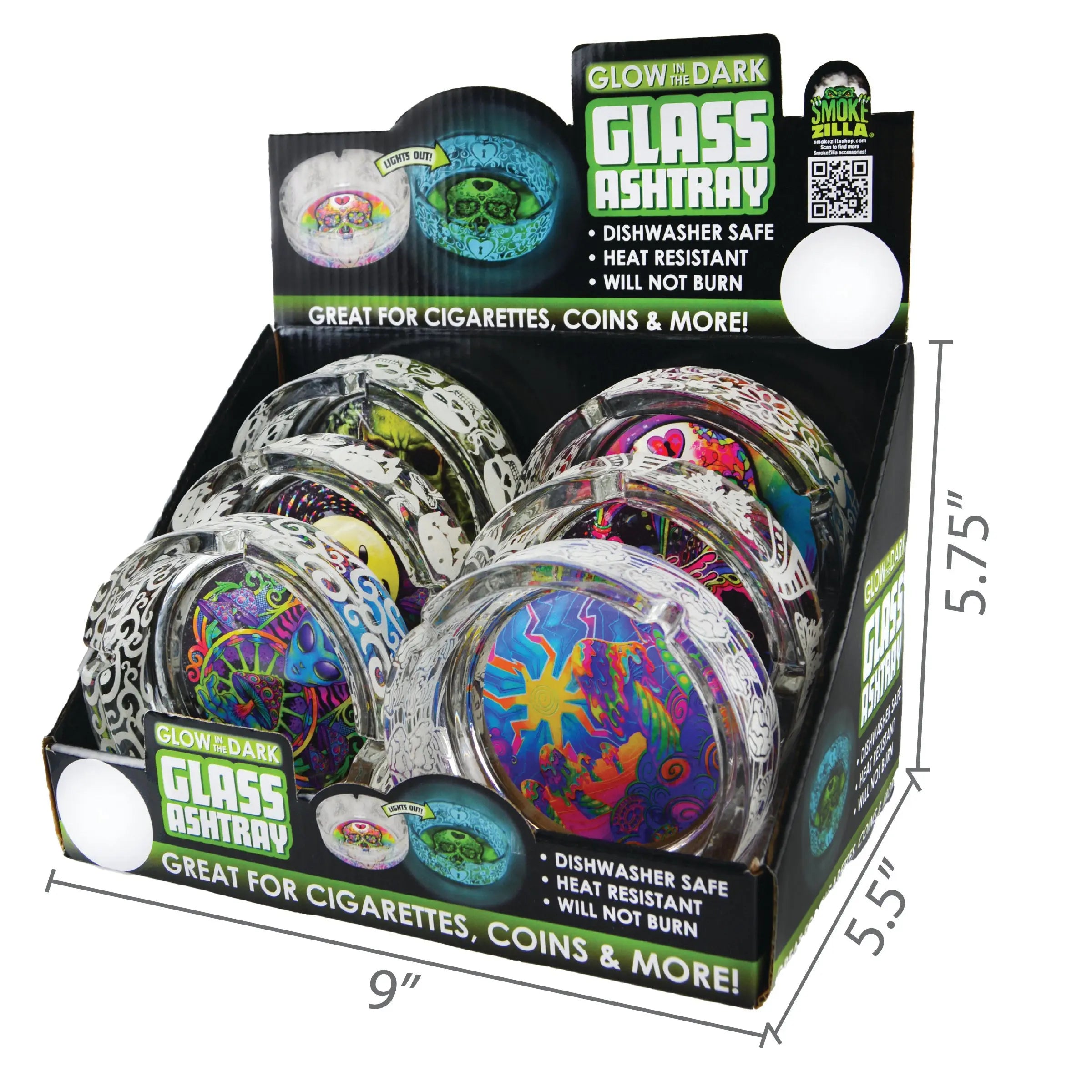 Glow in the Dark Glass Ashtray Display Specs