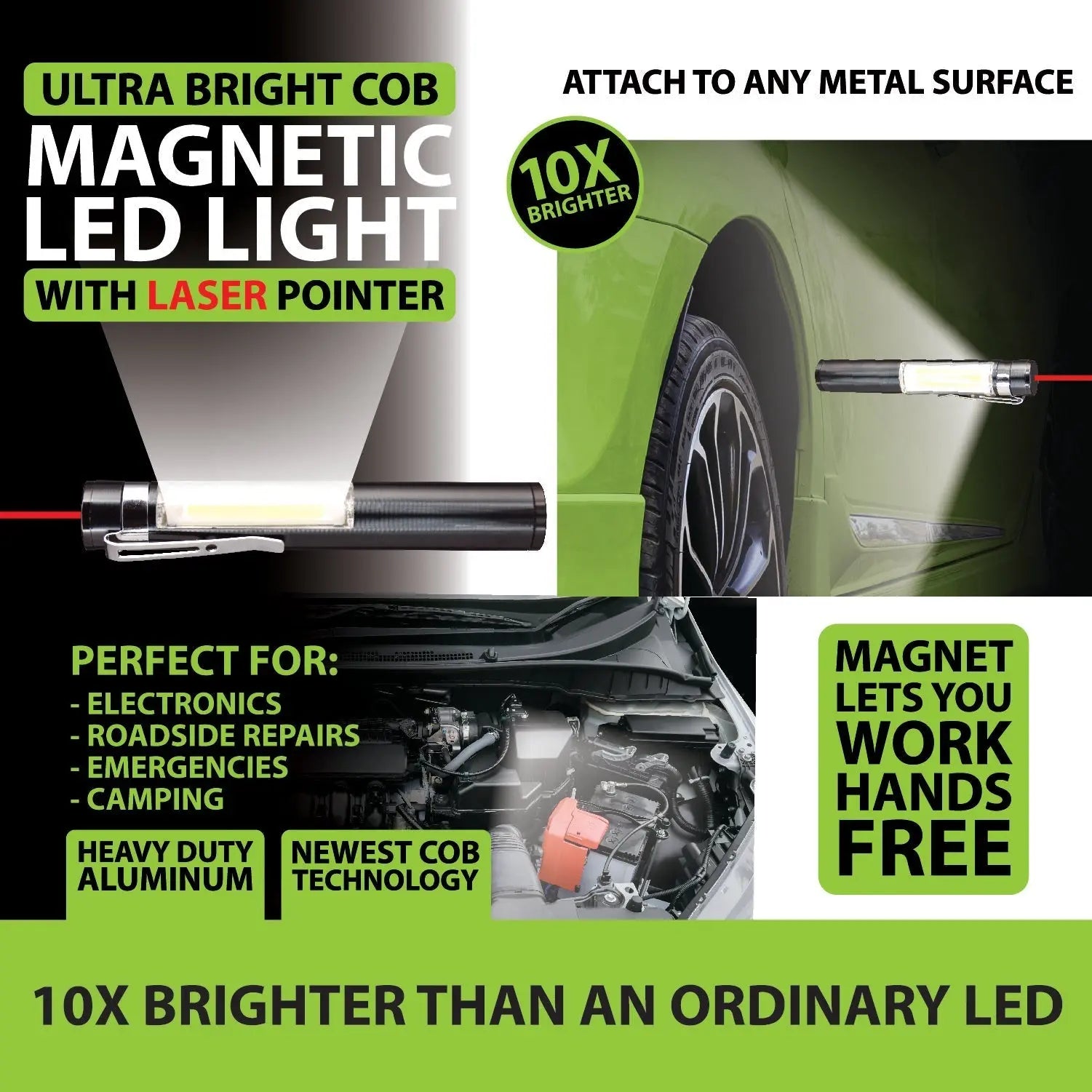 Magnetic COB LED Flashlight with Laser Pointer - 12 Pieces Per Retail Ready Display 22015 GADGET GEAR