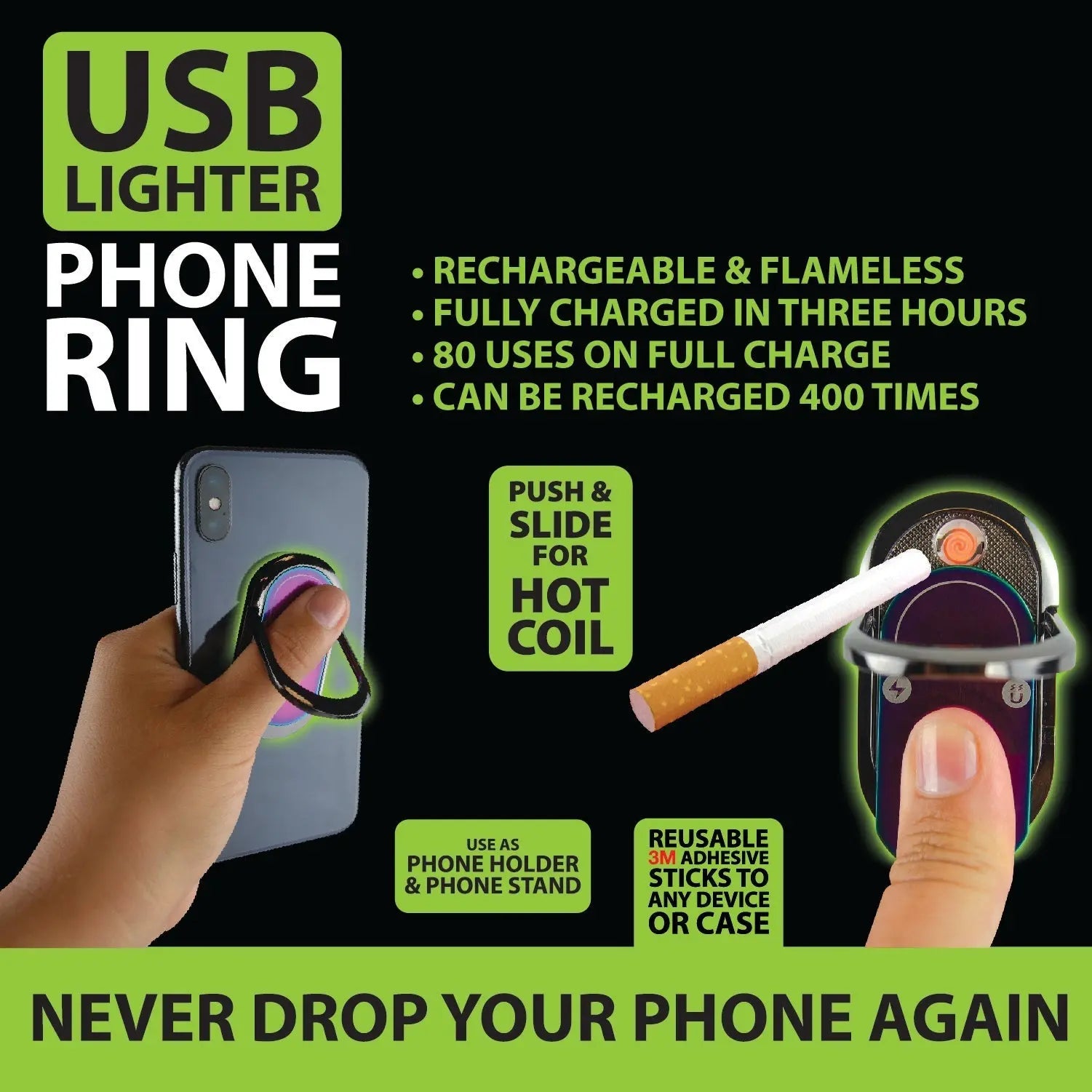 Ring Phone Holder with USB Coil Lighter - 6 Pieces Per Retail Ready Display 22087 GADGET GEAR