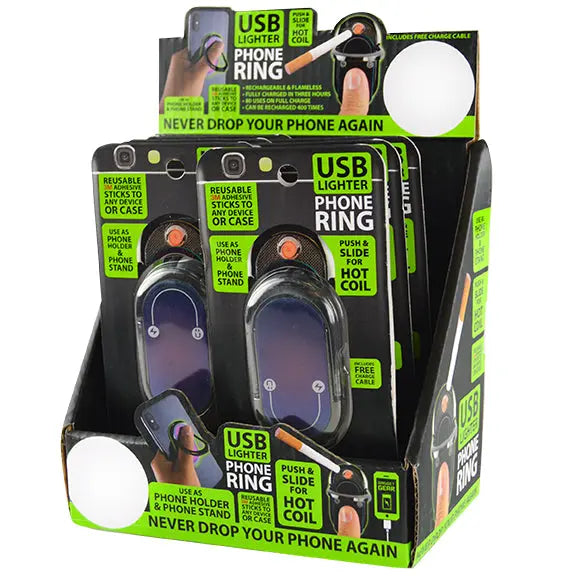 Ring Phone Holder with USB Coil Lighter - 6 Pieces Per Retail Ready Display 22087 GADGET GEAR