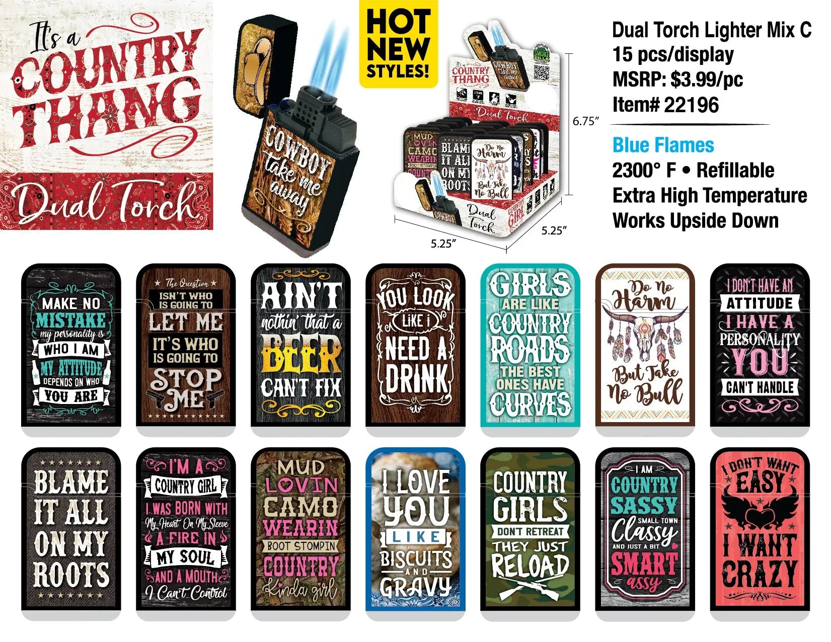 Country Thang Dual Torch Lighter - 15 Pieces Per Retail Ready Display 22196 SMOKEZILLA