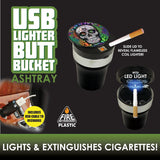 Printed Lid Butt Bucket Ashtray with USB Coil Lighter and LED Light - 6 Per Retail Ready Display 22378