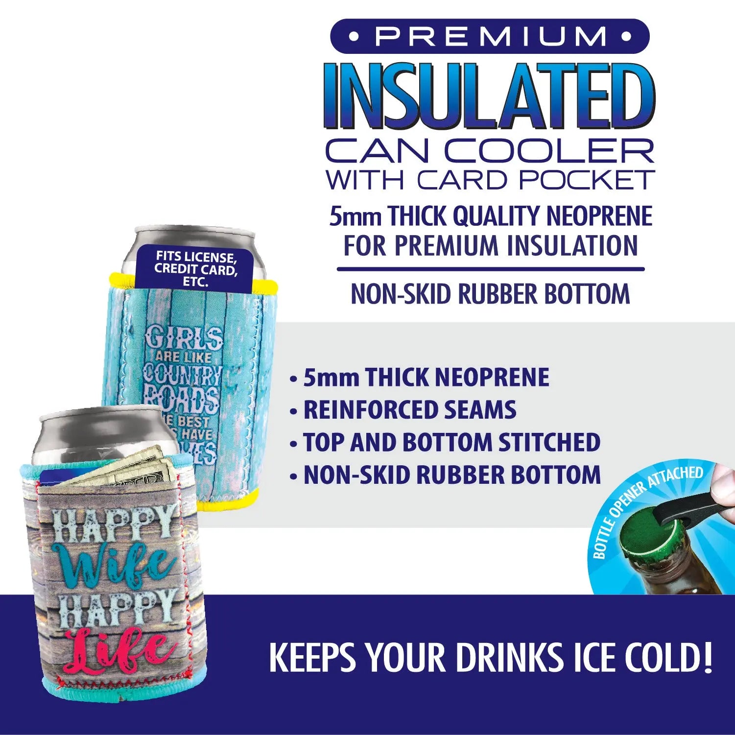 Neoprene Can and Bottle Cooler with Card Pocket - 6 Pieces Per Retail Ready Display 22467 POLAR GEAR