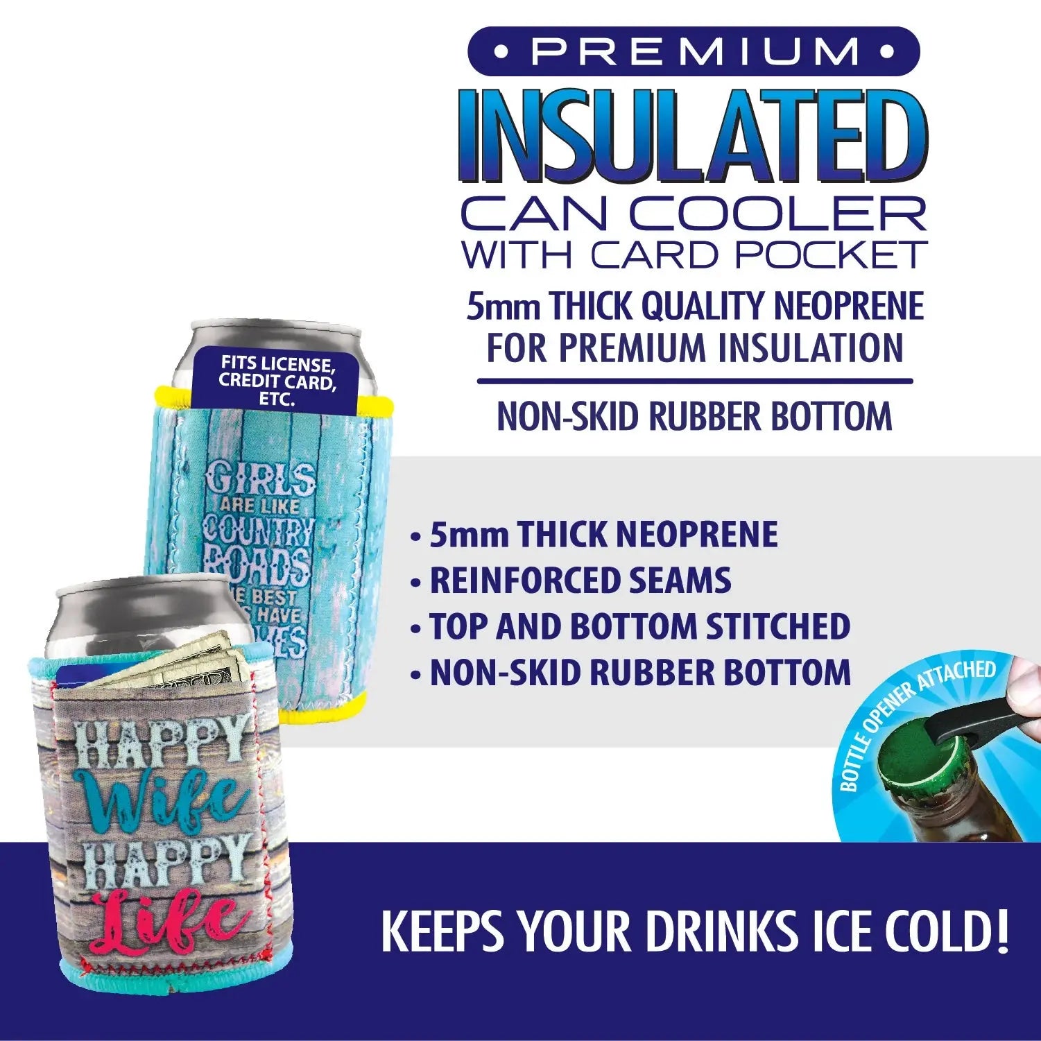 Neoprene Can and Bottle Cooler with Card Pocket - 6 Pieces Per Retail Ready Display 26453 POLAR GEAR