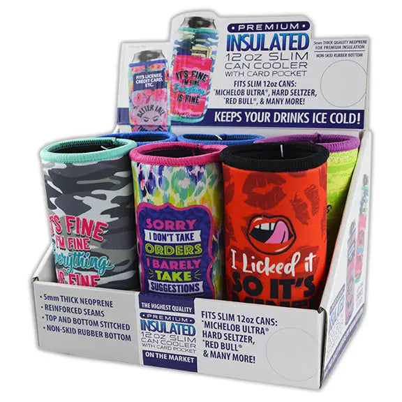 Neoprene Slim Can Cooler with Card Pocket - 6 Pieces Per Retail Ready Display 22472 POLAR GEAR