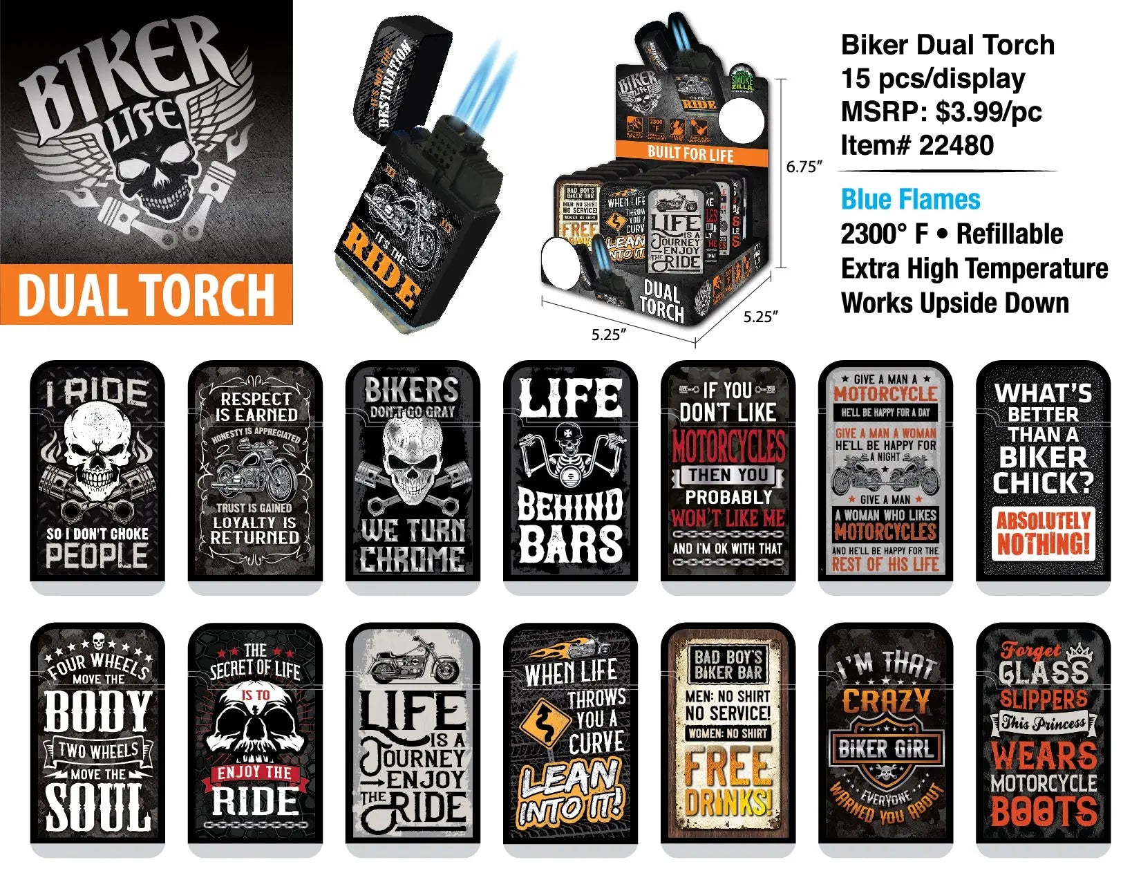 Biker Dual Torch Lighter - 15 Pieces Per Retail Ready Display 22480 SMOKEZILLA