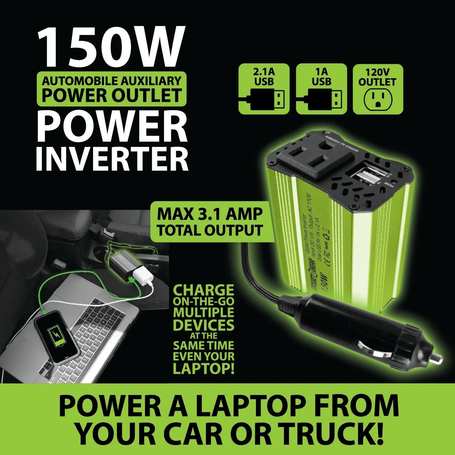DC Car Power Inverter Dual Ports USB / 120V Outlet 150 Watts - 4 Pieces Per Retail Ready Display 22829 GADGET GEAR
