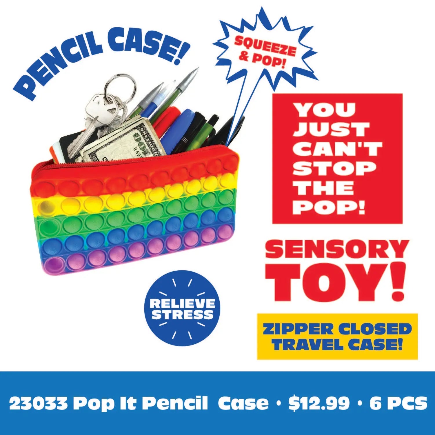 Fidget Pop Pencil Case- 6 Pieces Per Retail Ready Display 23033 KIPP BROTHERS