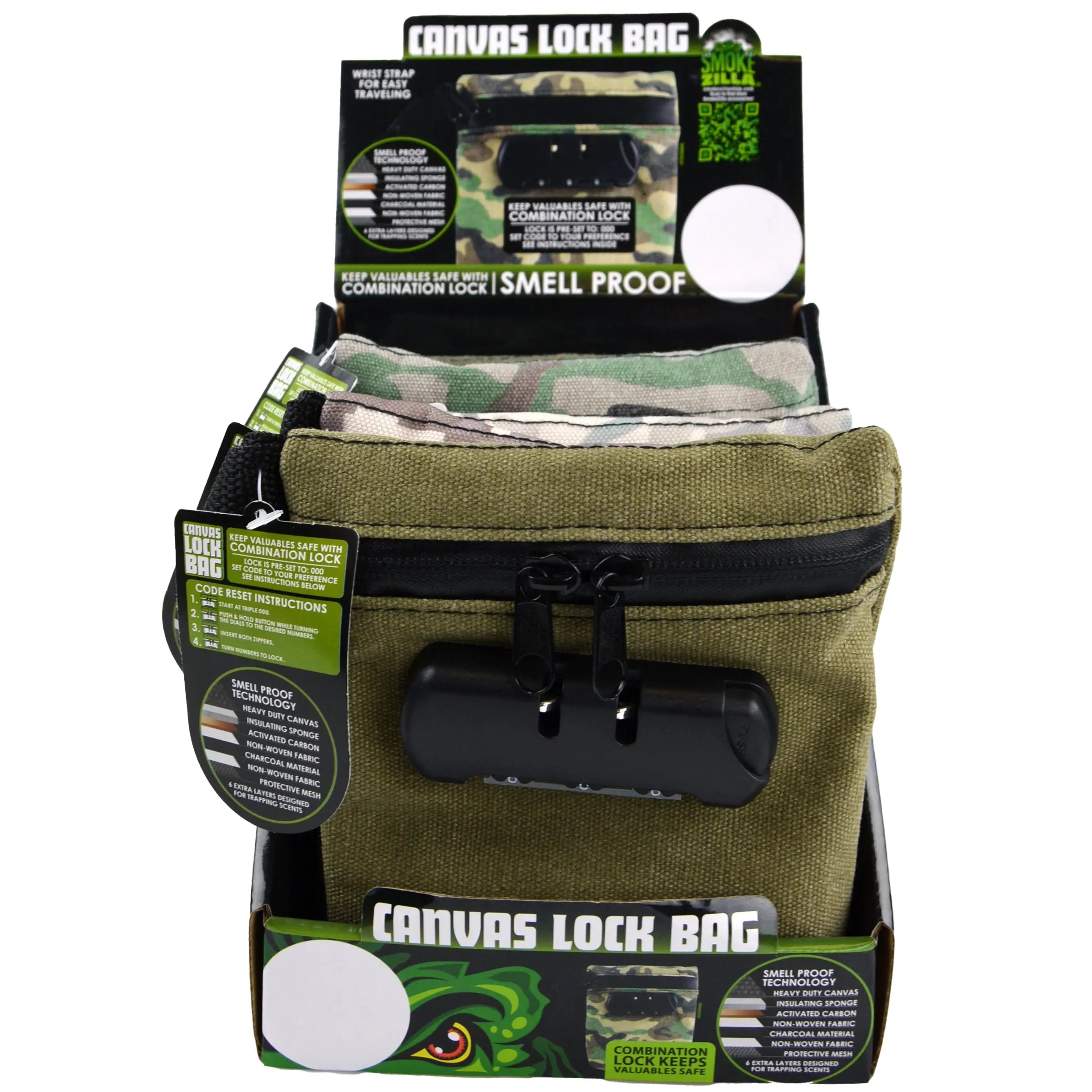 Smell Proof Canvas Locking Storage Bag - 6 Pieces Per Retail Ready Display 23221 SMOKEZILLA