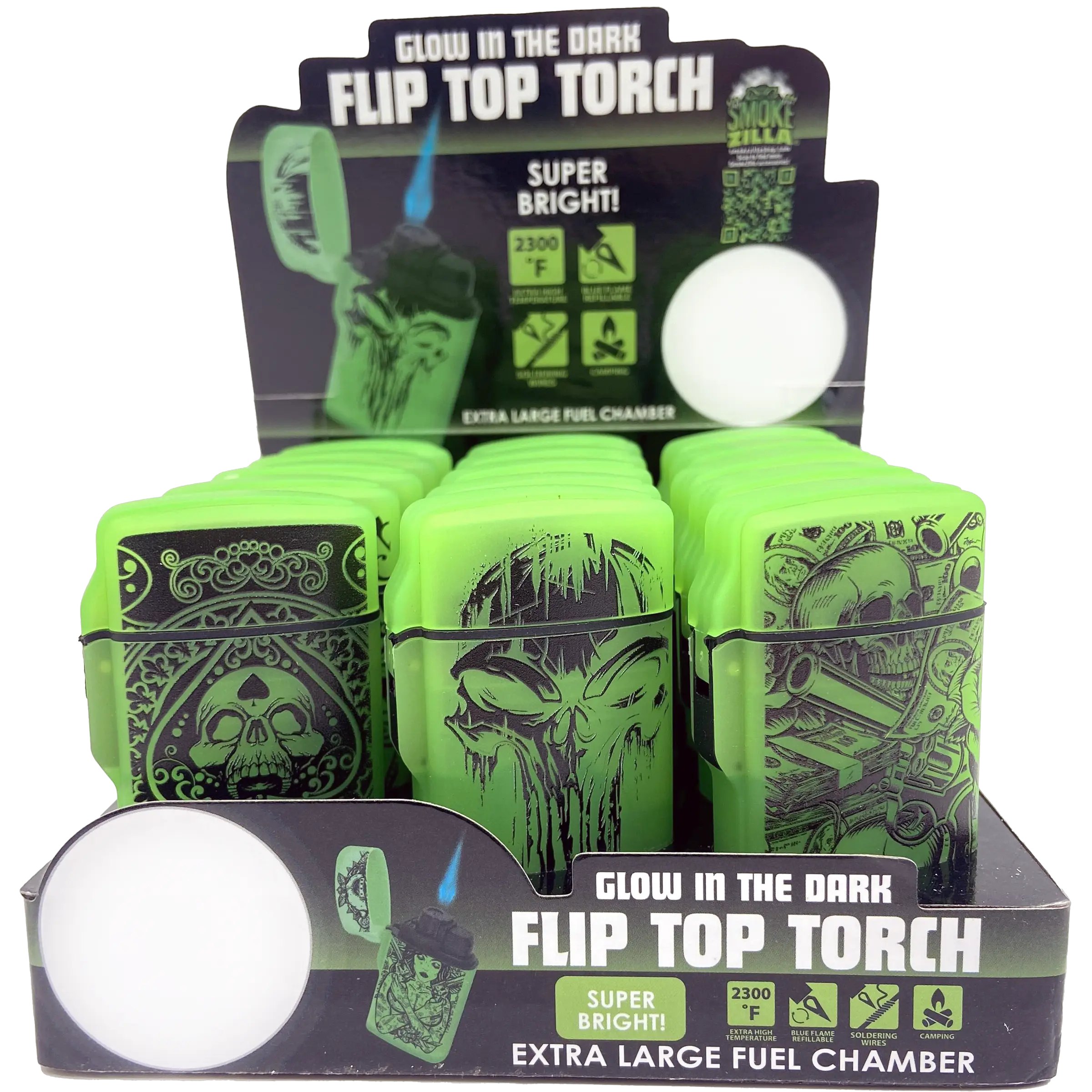 Glow In The Dark Flip Top Torch Lighter - 15 Pieces Per Retail Ready Display 23602 SMOKEZILLA