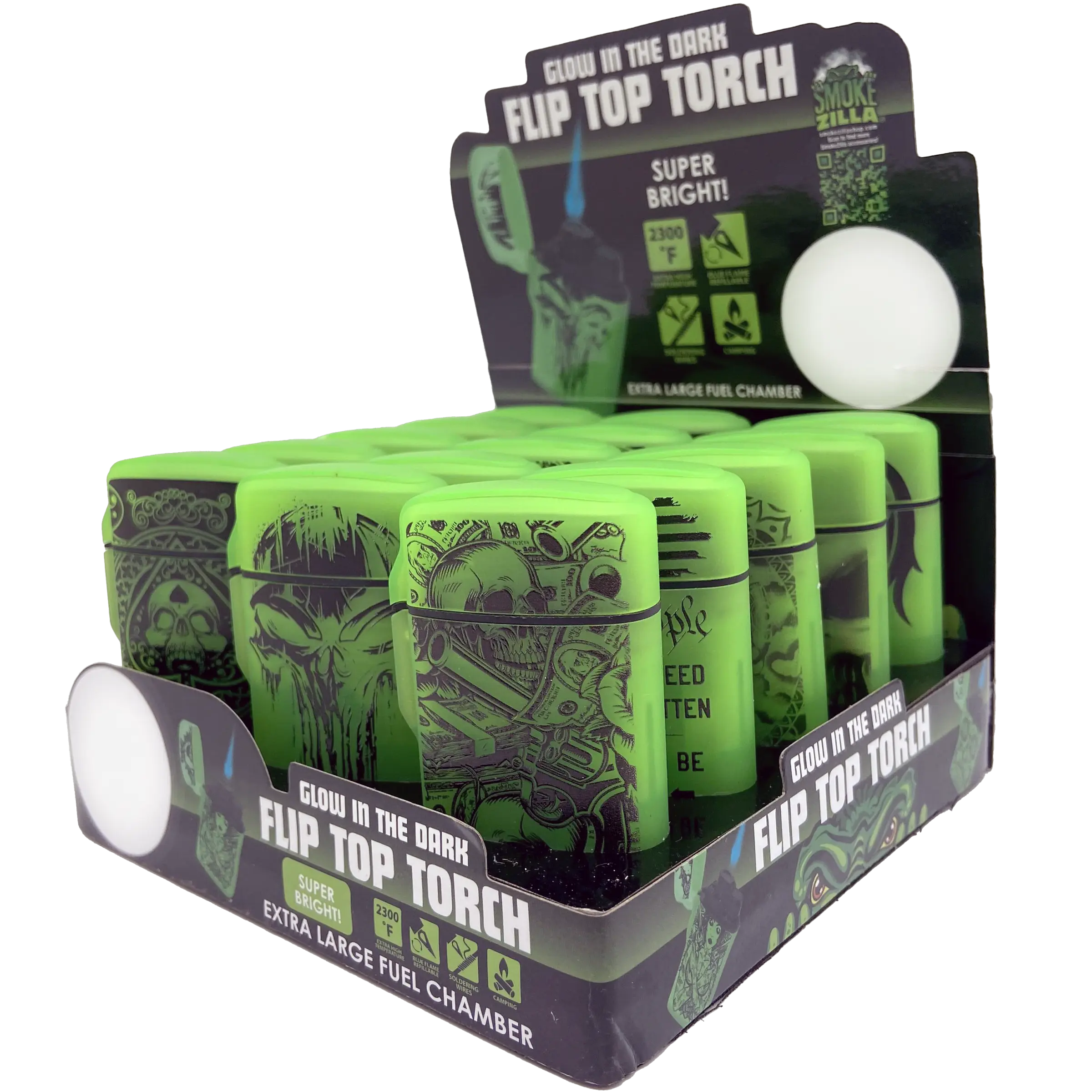Glow In The Dark Flip Top Torch Lighter - 15 Pieces Per Retail Ready Display 23602 SMOKEZILLA