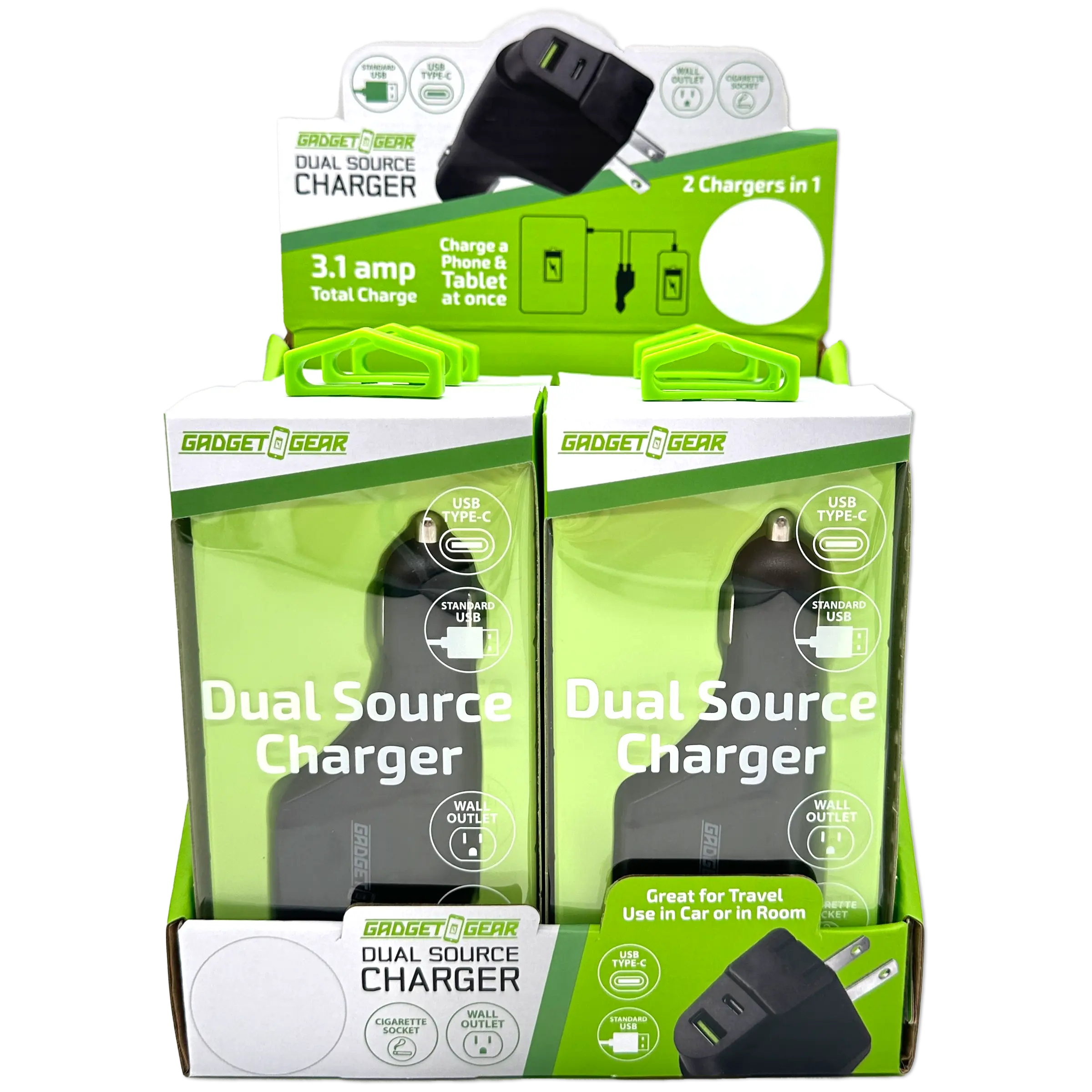 Car Charger and Wall Charger Combo Dual Port USB / USB-C 3.1 Amp - 6 Pieces Per Retail Ready Display 23708 GADGET GEAR