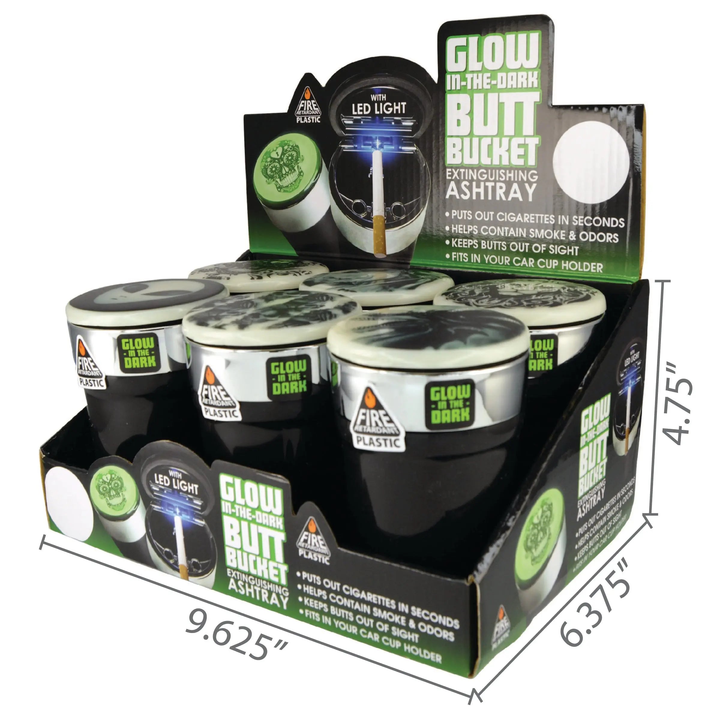 Glow in The Dark Printed Lid Butt Bucket Ashtray with LED Light - 6 Per Retail Ready Display 23786 SMOKEZILLA