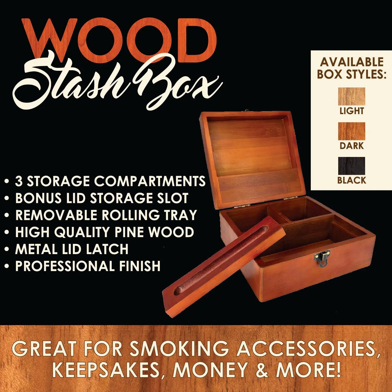 Large Wood Stash Box with Roll Tray - 3 Pieces Per Retail Ready Display 25899 SMOKEZILLA