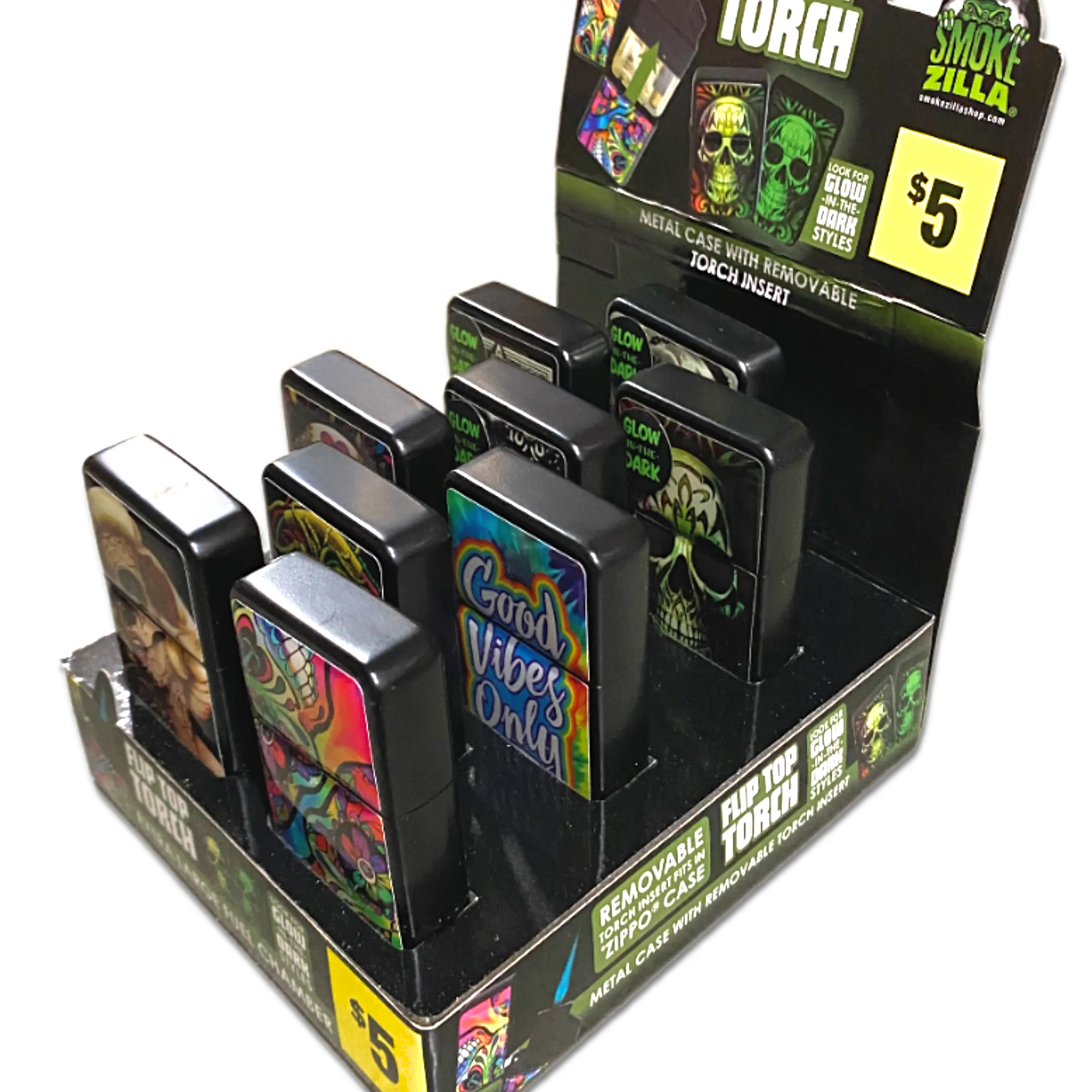 Glow in The Dark Flip Top Torch Lighter - 9 Pieces Per Retail Ready Display 40887 SMOKEZILLA