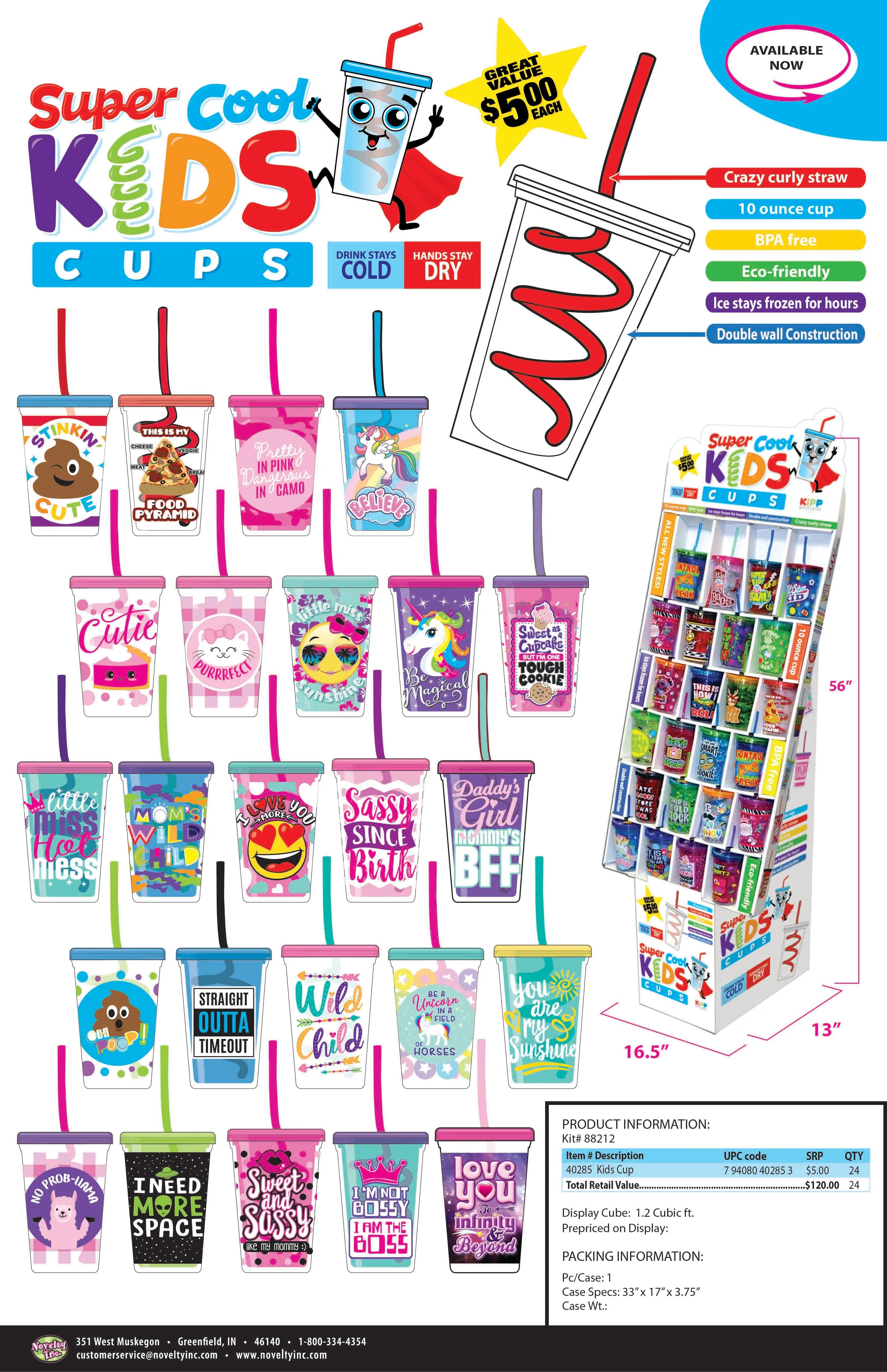 10 oz Kids Cup with Straw Assortment Floor Display - 24 Pieces Per Retail Ready Display 88212 KIPP BROTHERS