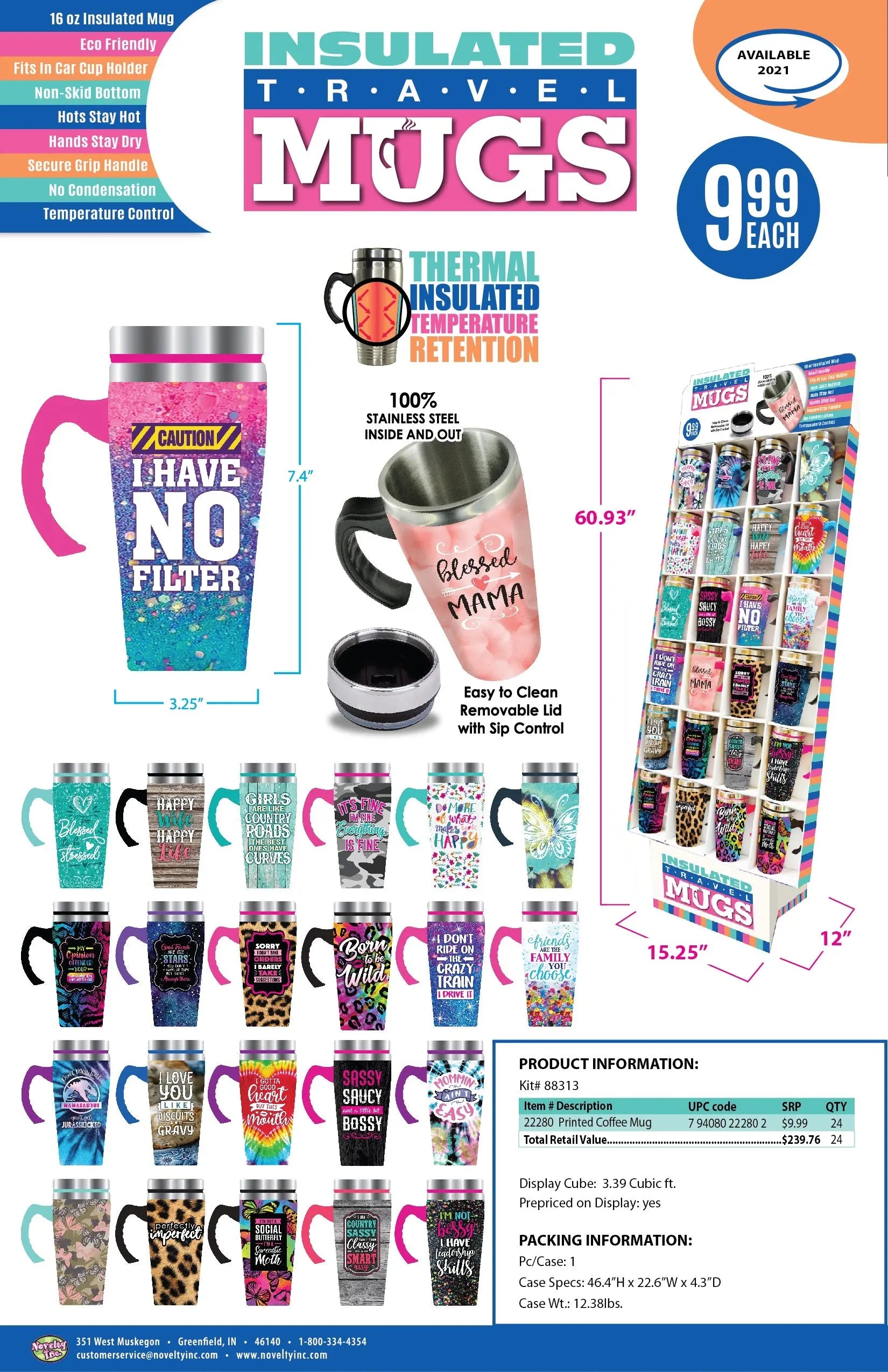 16 oz Travel Mug Assortment Floor Display - 24 Pieces Per Retail Ready Display 88313 NOVELTY INC